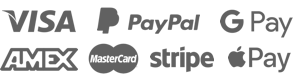 Payment Options: Visa, Mastercard, American Express, PayPal, Google Pay, Apple Pay, Stripe