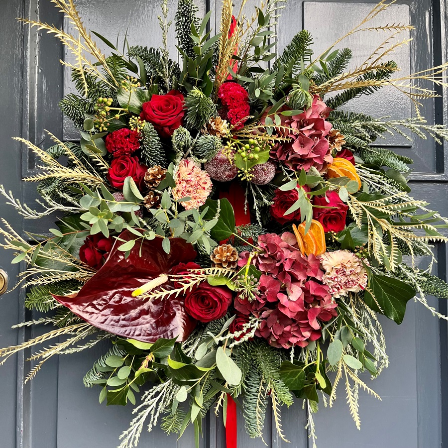 Fresh Yuletide Door Wreath in Reds