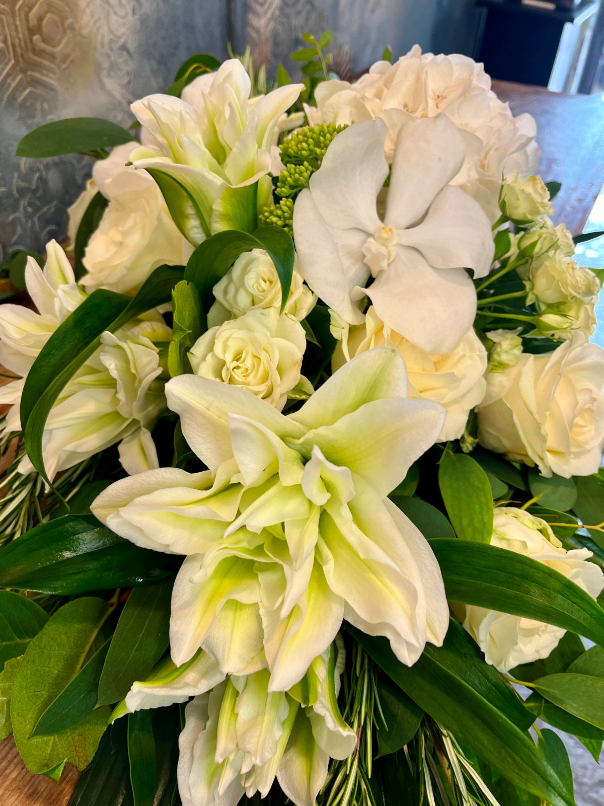 Funeral Spray of White Lily & Roses