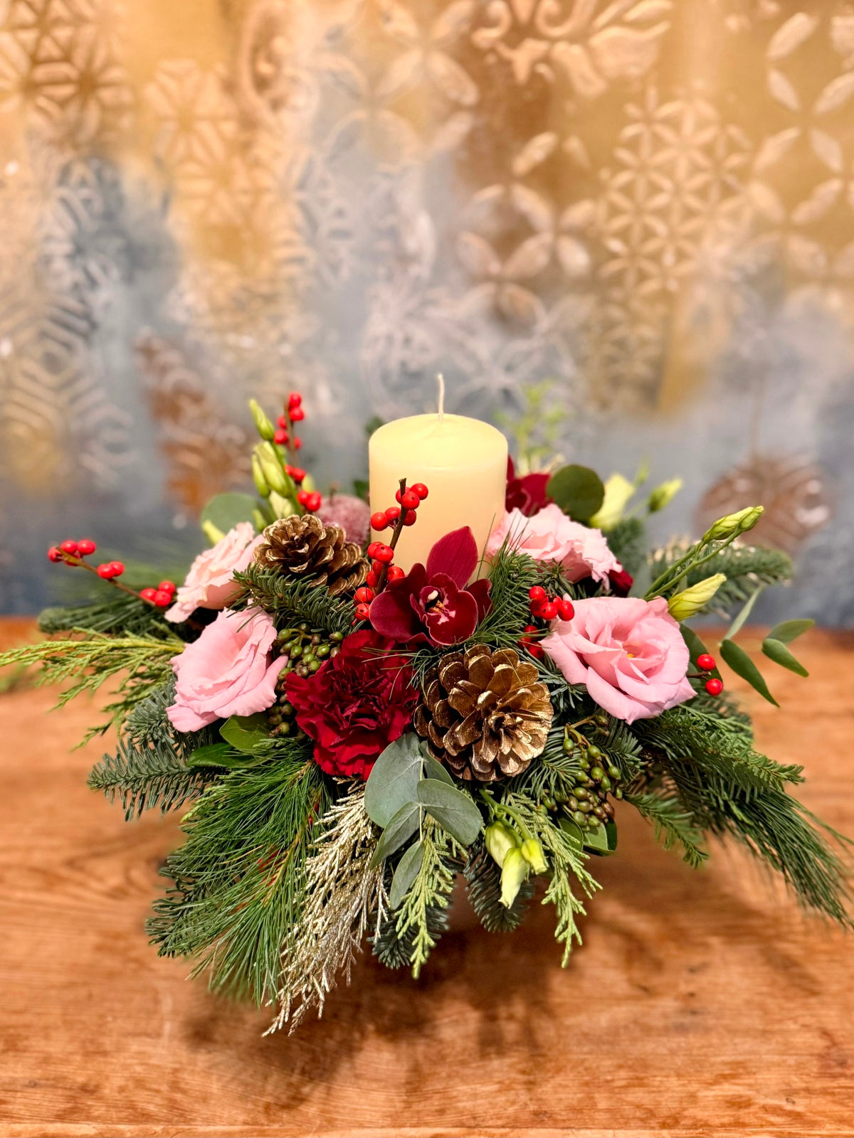 Christmas Candle Red and Pink Flower Arrangement in Ceramic Container
