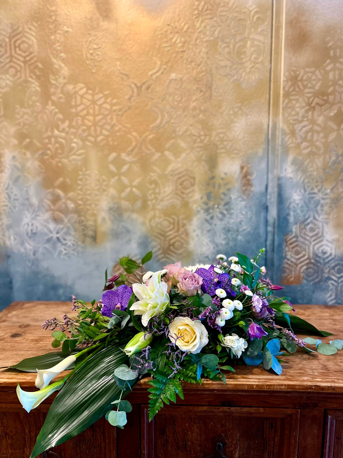Funeral Spray in White and Purple