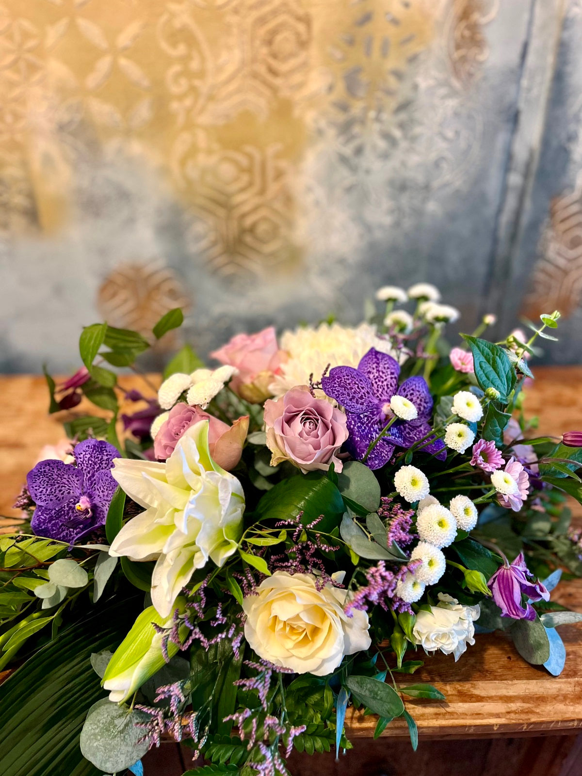 Funeral Spray in White and Purple