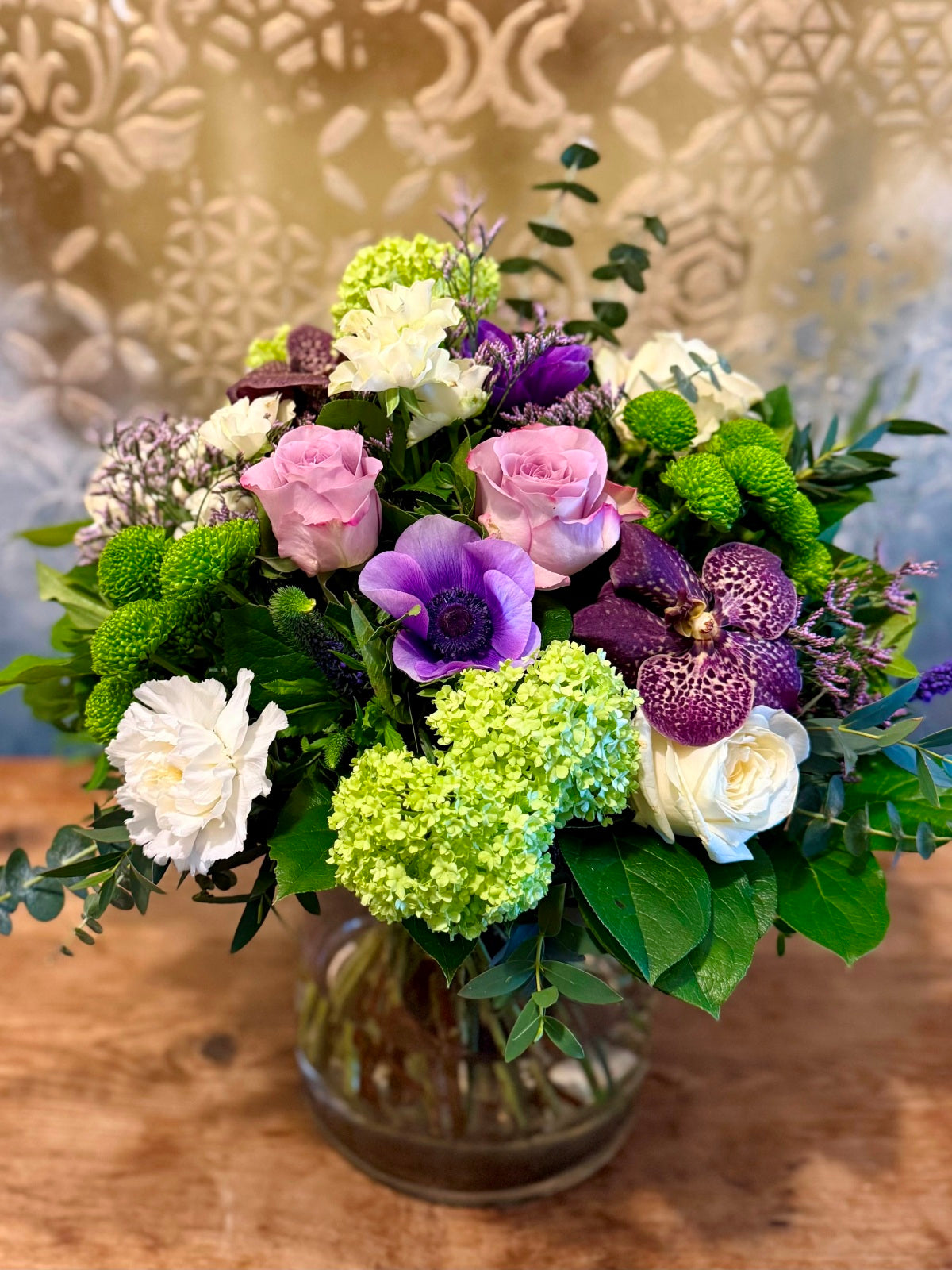 Mother's Day Flowers in Shades of Lilac in Goldfish Bowl Vase