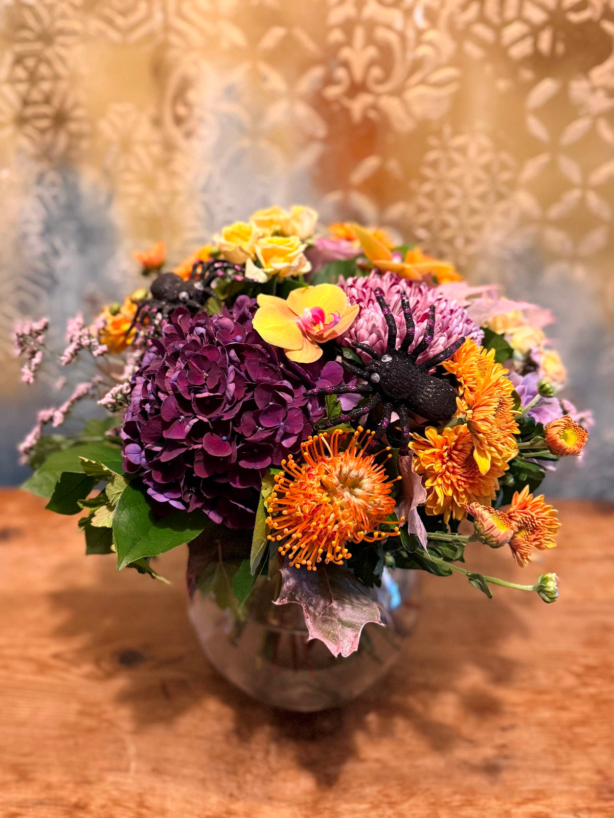 Halloween Flower Arrangement in Goldfish Bowl Vase