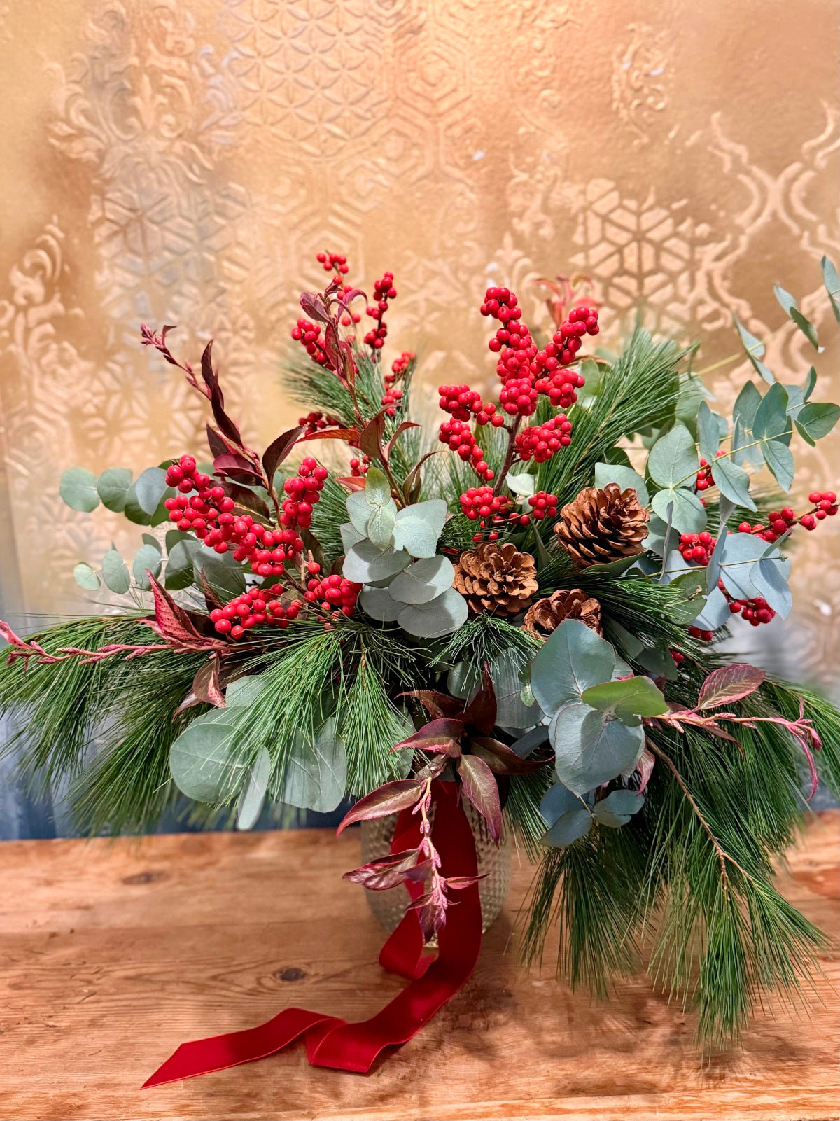 Yuletide Vase of Eucalyptus Fir and Berry