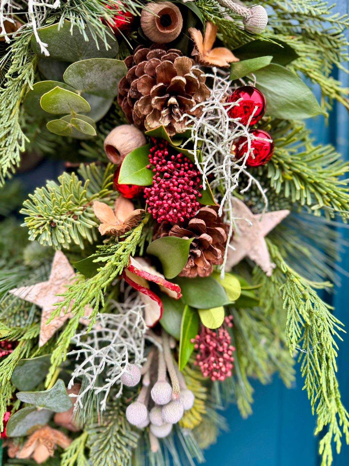 Fresh Christmas Foliage Door Wreath close up